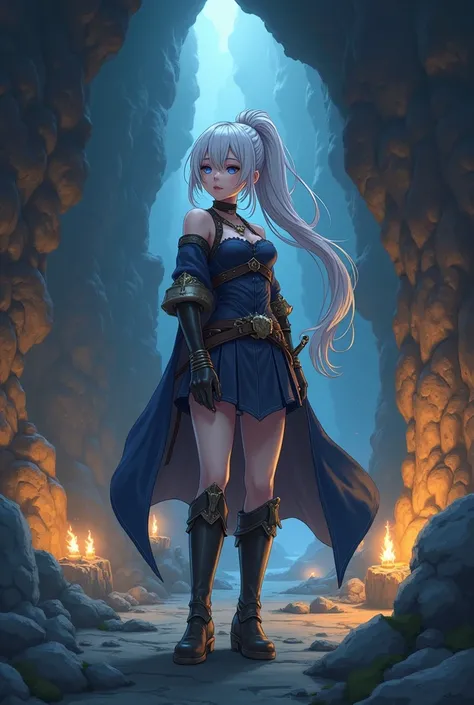 "Anime-style depiction of a 16-year-old young woman in a modern isekai fantasy world. She has long, flowing light gray hair tied into a high ponytail, cascading elegantly down her back with soft strands framing her face and a delicate fringe resting lightl...