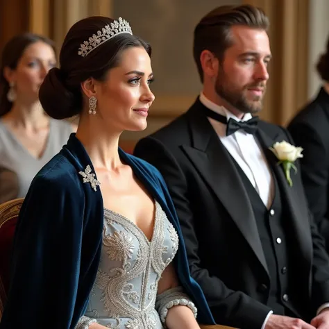 At the royal wedding, Queen Arabella and her husband, the Prince Consort, exude grace and sophistication as they take their prominent seats near the altar. The Queen, a vision of poise and authority, wears a shimmering silver gown with subtle embroidery th...