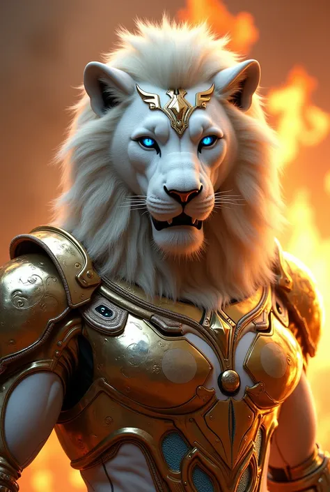 evil silver and gold power ranger, White lion power ranger helmet high detail!, chrome, gold, blue eyes, mmpr style, in front of a fire, saudi futuristic warrior inspired by Noriyoshi Ohrai, pacific rim jaeger, fierce lion faced helmet with sharp teeth and...