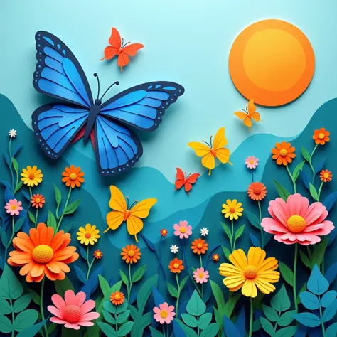 Create a vibrant and colorful 3D paper art scene showcasing a lively garden with butterflies. The scene should include various layers of paper cutouts, arranged to depict depth and dimension. The centerpiece is a large blue butterfly in flight, surrounded ...