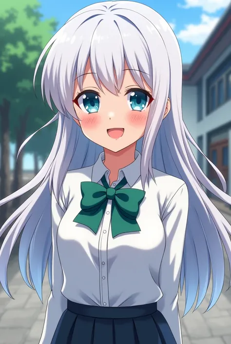  Japanese Anime , female, smile,  middle school student, White hair,  long hair,  blue eyes, masterpiece,  top grade, High definition, seamlessly, school,  white shirt, green bow tie