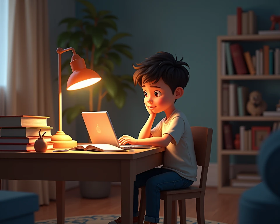 A cozy room with Boy sitting at a small desk, surrounded by open books and a laptop, with soft light from a desk lamp illuminating his face.