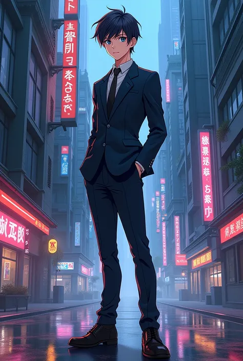 Full body anime adult boy wearing office suit 
Background cyberpunk hu
Cartoon art