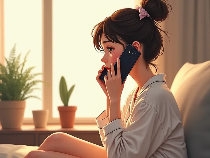 An illustration of a young girl who is 25 years old. She is sitting in her tv lounge and holding phone close to her ear as if calling somebody. She is wearing casual pajamas and is in a messy bun. The setting is minimalistic yet beautiful and clean.Accurat...