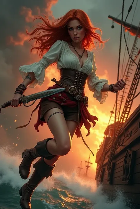  A natural red-haired pirate with long, loose hair ,  sweaty and dirty fair skin after the battle ,  green eyes and full lips ,  wears a white blouse with semi-transparent lace , long loose sleeves ,  tight brown leather corset ,  brown leather shorts, red...