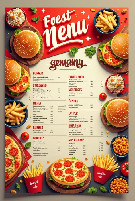 Fastfood menu A3 paper, criative and sugestive, and categories color menu, burguer, pizza, fries