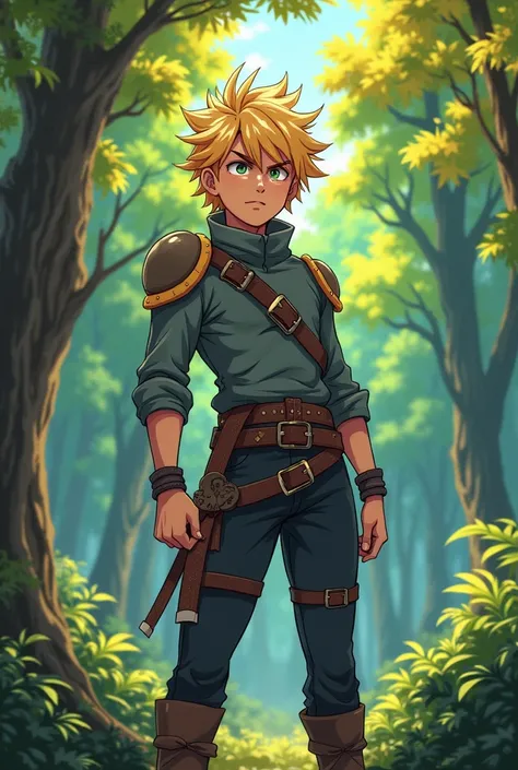 The blond prince , Gagged and tied ,  is standing in the middle of a vibrant forest ,  with brightly colored trees around it .  His expression of frustration stands out in the contrast with the lush nature, everything in a dynamic anime style .