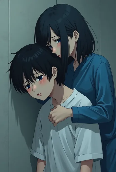 A teenage boy who is sad with black hair in white clothes and the one in a blue outfit over the adolescent boys back