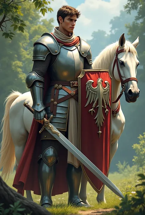 I want an image of a Lord Arryn with 27 years old , with a light armor,  longsword and shield with an eagle and a white horse 