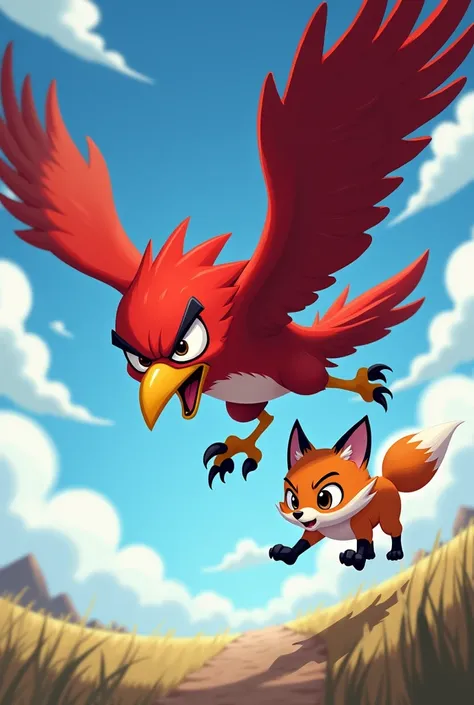 A angary bird fly sky and he catch fox baby