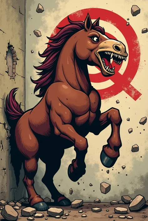 Create a cartoon of a bad-faced muscle horse ,  with human body, Bad face, Stepping on and breaking into a thousand pieces a wall that has a beaked symbol of socialism and also breaks this symbol, hate
