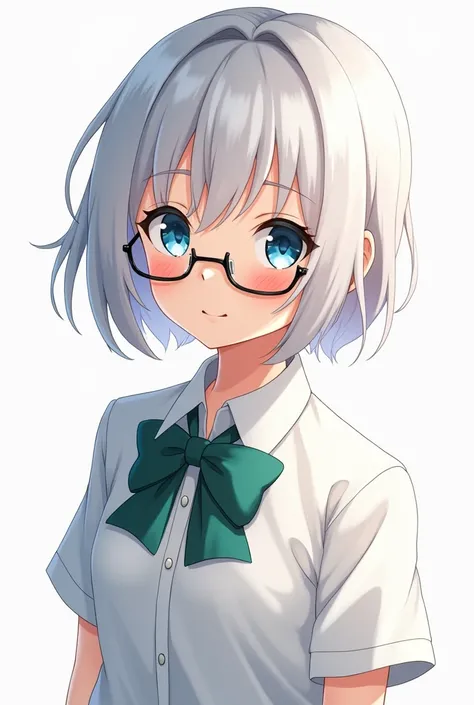  Japanese Anime , female,  middle school student, White hair,  short haired ,  blue eyes, masterpiece,  top grade, High definition, seamlessly,  white shirt, green bow tie, glasses, smile