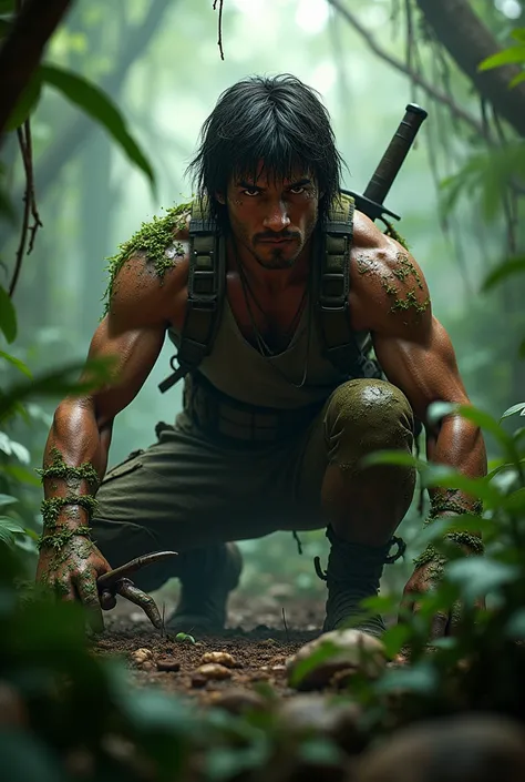 "An intense animated depiction of Rambo in a dense jungle, camouflaged with mud. He is setting up booby traps while silently eliminating zombies with his iconic survival knife."