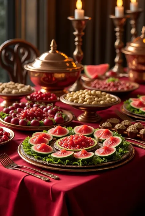 A table for an Iranian rens night
With red satin table top
And lit candles
A copper dish filled with basluq
A copper dish filled with pomegranates and sliced kiwi and apples 
A copper dish filled with pistachio nuts and almonds and hazelnuts 
A SLICED WATE...