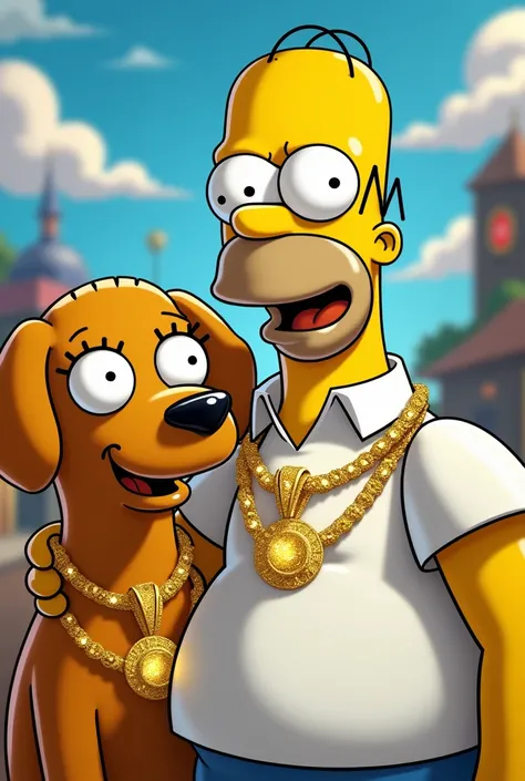 You can do it smiling and put a gold necklace on Homer and the dog 