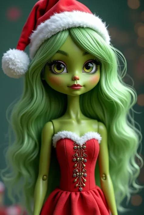 A girl doll,  has green skin and green hair, Is a female Grinch , pretty,  Wears a red Santa hat