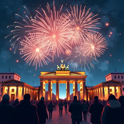 Winter Night。 big fireworks are being launched behind the Brandenburg Gate。A lot of people are watching the fireworks 