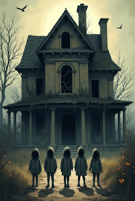 A drawn old scary house with four ren standing in front of the house 