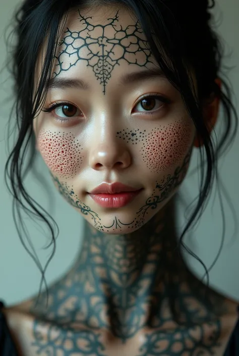 ((The japanese girls face has lotus root hole-like skin:2.5)),Tritophobia  skin、Her skin is full of lotus root holes、perfect smile,dark brown skin