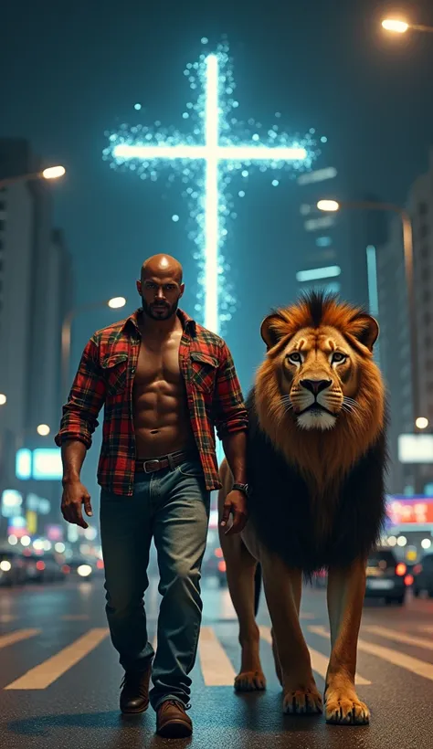  a muscular man , Bald and brown ,  with a buttoned plaid shirt and jeans ,  walking alongside an African lion ,   in the night city of São Paulo Brazil ,   cross made of light particles in the background