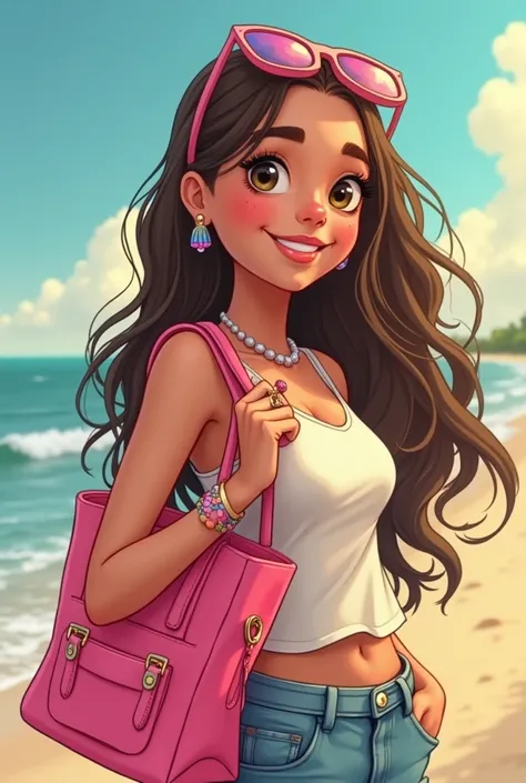 A 16-year-old teenage girl named Leonie friendly smile stylish accessories long hair stringing in her hair colorful fingernails very playful cool summer look wears a stylish pink bag with her little brother Jonas in it he is tiny small nidlicher cartoon Mä...