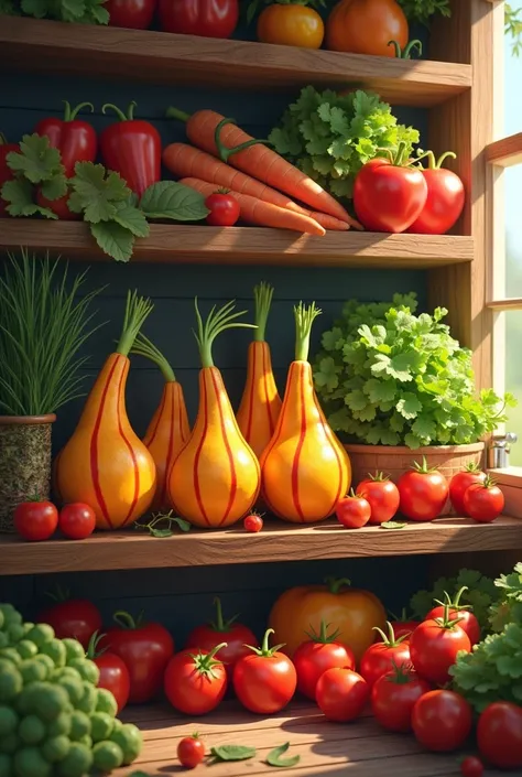 A shelf with reudasby that includes several fruits and vegetables