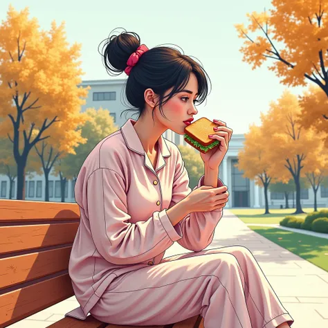 An illustration of a young girl who is 25 years old. She is sitting on a university bench and eating sandwich. She is wearing casual pajamas and is in a messy bun. The setting is minimalistic yet beautiful and clean.Accurate, From Side, Hair Ribbon, , Illu...