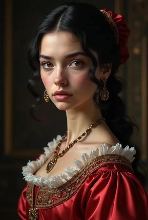 princess girl 17th century red silk dress black thick slightly wavy hair strict facial features serious portrait look dark look power in the eyes brown eyes 