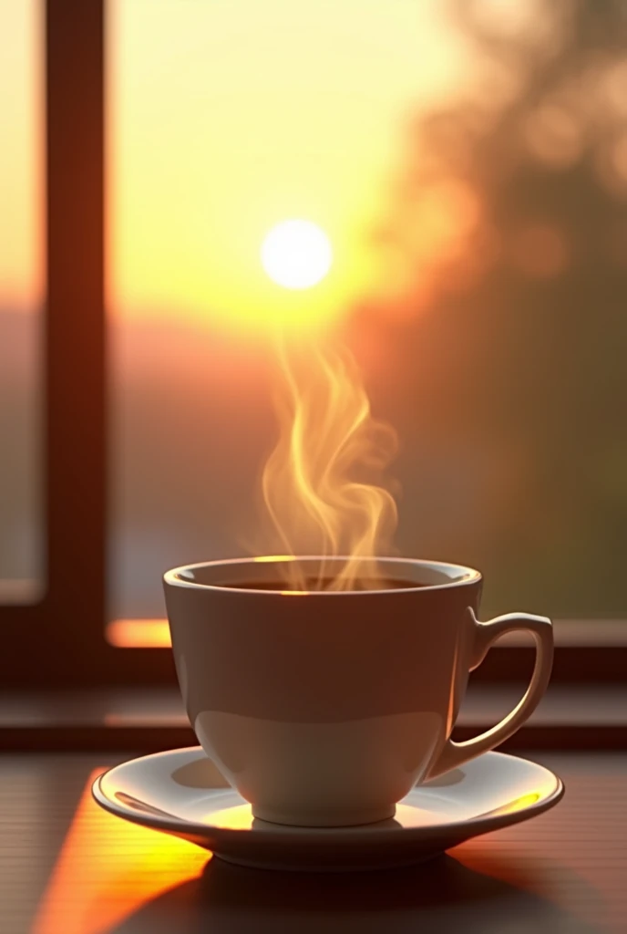 cup of coffee with steam rising from it, set against a peaceful morning view outside where the sun rises and fills the room