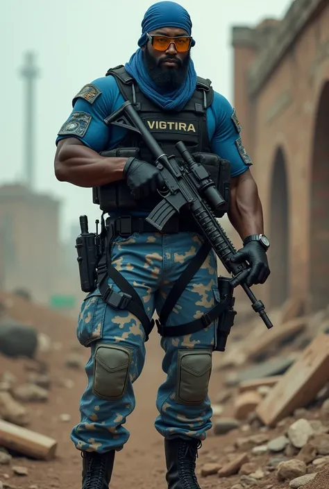 black man,  wears a headscarf ,  hi-tech yellow glasses ,  military tactical headset  ,  meaning that he has a heavy construction , Blue military shirt /  black military vest /Ammunition belt/   Black Leather Gloves / House fighter ,  must have a body like...