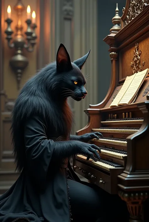 Ludwig van Beethoven as a dark tabaxi bard with long haired wig playing a pipe organ inside a 17th century austrian castle