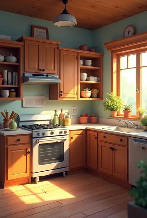 Cozy kitchen with wooden cabnit cool light