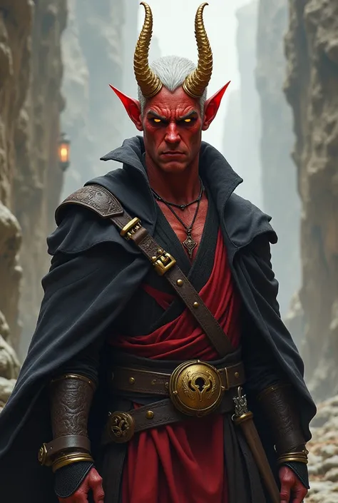 character of d&d, tiefling, man,  short white hair, high, with warm red skin with a black tip ,  golden horns and black golden eyes with nervous expression with monk clothes mixed with adventurer full body image