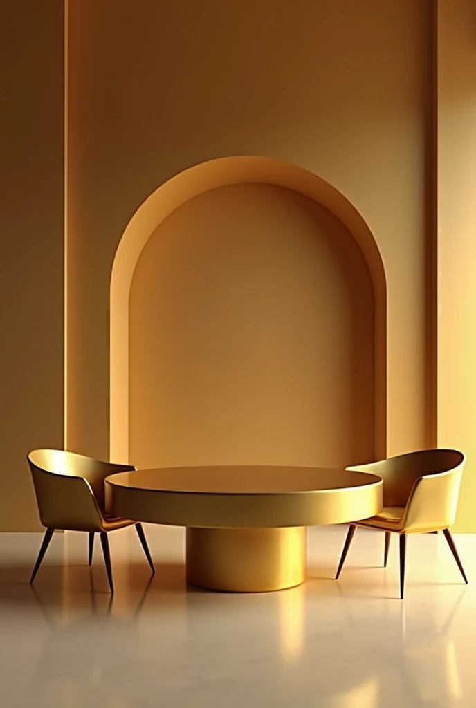  A large round golden table in the center,  a golden chair ,  of a modern model to the right of the table ,  and another golden chair , of the same model , To the left of the table.  best quality , 8k, extremely detailed