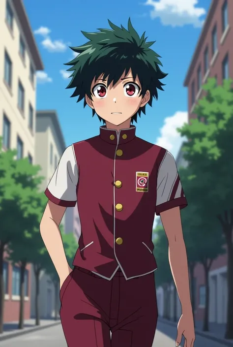  screenshot of Boku no Hero Academia, feminine gender,  short black hair almost like that of a boy, brown eyes with red , light skin,  he wears a charro suit in wine color , He is walking around the city  