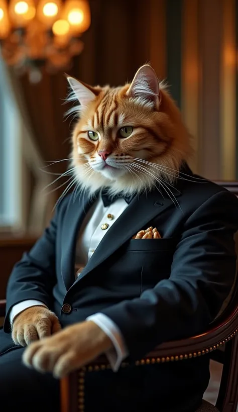 The fusion of a man with The Persian Boss, a Persian cat gangster, is portrayed in a surreal portrait set in a sumptuous penthouse. Captured from a three-quarter portrait view, the figure emanates an imposing yet serene presence. Selective focus accentuate...