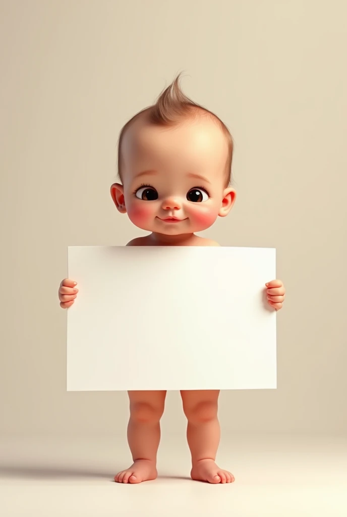 A small baby standing holding a large sign 