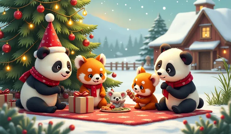 Please write a picture prompt of the Story for a YouTube Thumbnail, Showing the Story Name"Celebrating Christmas at the Farm"Show all Panda, kuala, and Red Panda