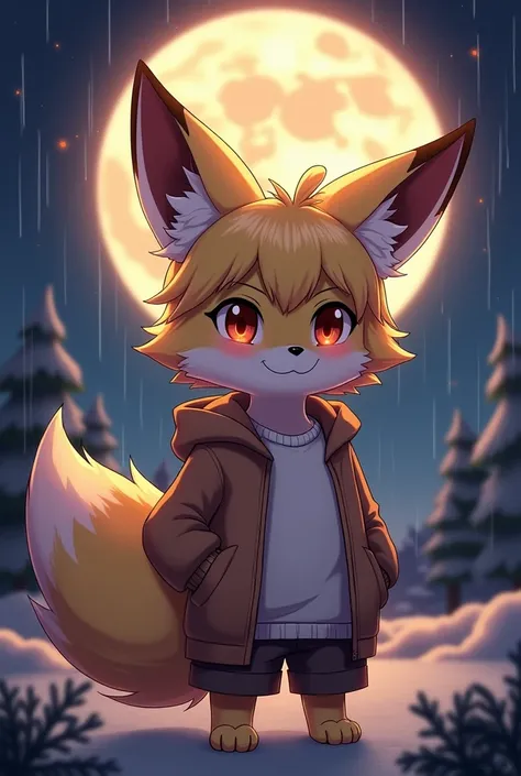 Shota the fox，hairy pubic，shaggy，Skin fur，golden fur，Golden yellow face fur,Short straight blonde hair，Eyes have light，Red eyes，Brown elements on fur，Brown coat brown hood up，White top，brown shorts，Beautiful lights and shadows，Ambient light，Ultra-fine fur，...