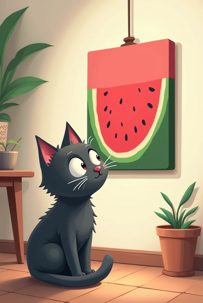 dark gray cat cartoon drawing seeing a painting on the wall of a watermelon