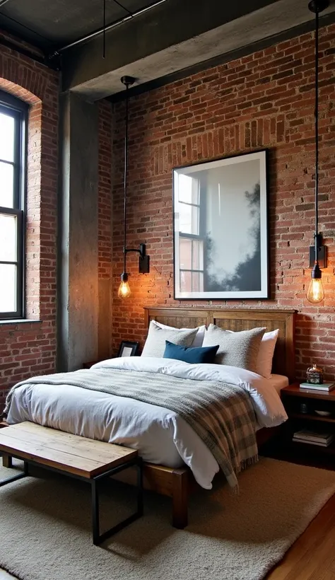 Industrial Loft Bedroom: A bold and edgy space featuring exposed brick walls, metal accents, and reclaimed wood furniture. The decor often includes vintage lighting fixtures and a mix of raw materials like steel and concrete.