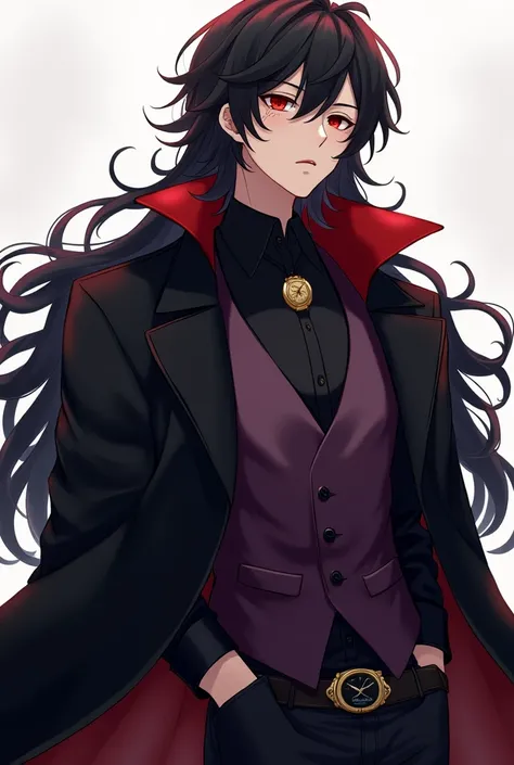 A  anime  man that wears a black blouse  he wears a purple waistcoat. He has a gold watch slinged to his waist. He has long black hair that goes to his waist, he has red highlights all over his hair, his eyes are a deep red, with black mixed. He has a few ...