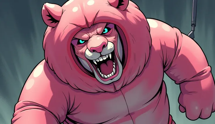 Realistic, a comic of man is trapped skintight inside a living inflatable Steven universe cartoon style pink lion costume grabbing trying to take it off, inflatable lions face is stretched skintight masked on mans face, lion has devious grin, the inflatabl...