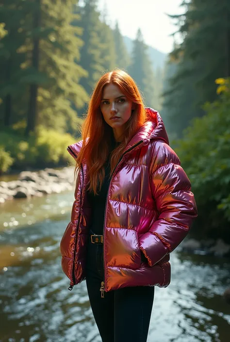 A woman in a shiny puffer jacket stands by a river in the forest, red hair, long hair