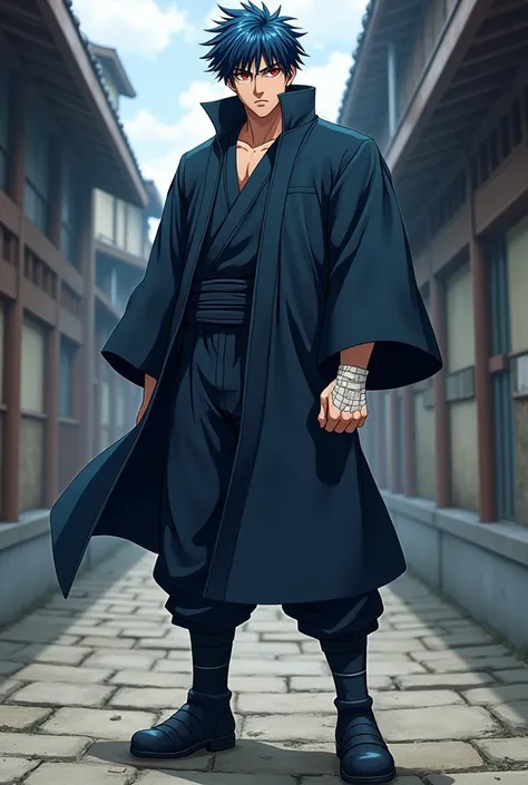 Hayato Toshikame has short, dark blue hair with a sheen reminiscent of moonlight reflecting off water. His intense red eyes have a steady, piercing gaze, exuding a quiet confidence. He has a stocky, muscular build and wears the standard Jujutsu School unif...