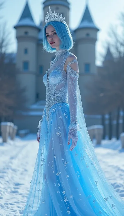 You will create a Ukrainian Unreal Beauty Queen , Short Blue Hairs called Victoria of Glass, her body is entirely made of prismatic crystal glass in luminous White-Blue colors with prismatic luminous fragmentation and she wears a prismatic crystal glass am...