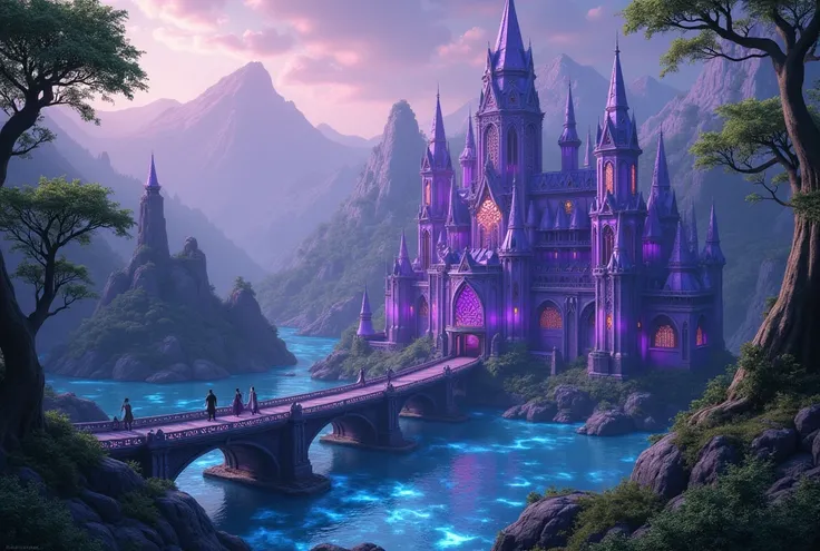 ((big city)), crystal-clear lakes, lush forests, (magic glowing waters), Architecture from Night Elves in World of Warcraft, purple spires, with bridges, no mountains