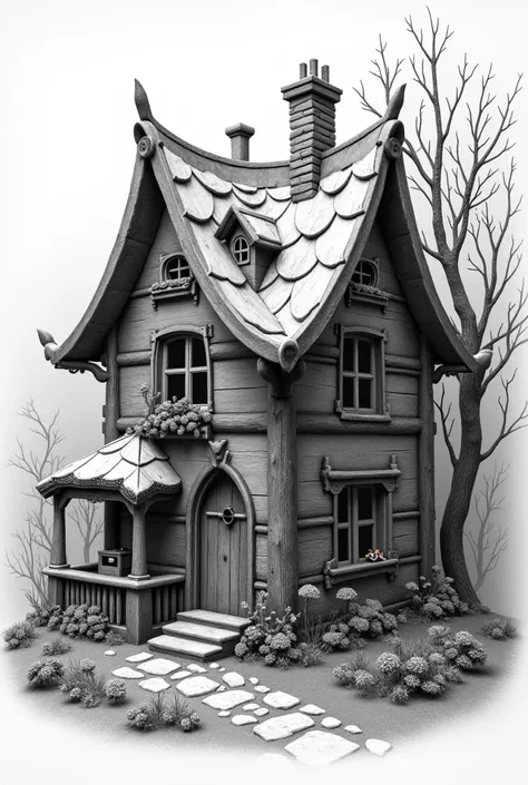 Tatouage en noir et blanc 
Cuisse
Une maison en pain dépices de la sorcière, du conte hansel et gretel, la maison est au milieu de la forêt 
La maison est entièrement décorée de confiseries 
Dessin en hyper réalisme
Isole sur fond blanc 
Qualité 4k