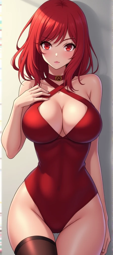 Make an anime woman with tight clothes and sexy body with big breasts, big butt and big thighs, red hair and red eyes, white skin.