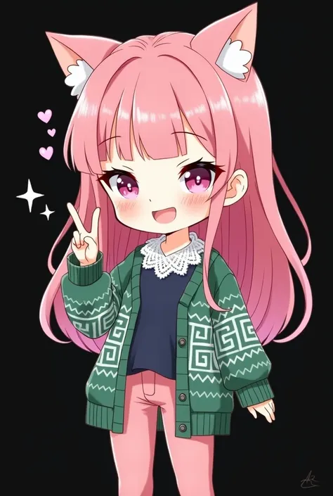 Vẽ nhân vật chibi là một chàng trai. Bangs 7 / 3 strokes up like cat ears , pink hair.  Wear a plain navy blue shirt ,  white lace collar ,  pink pants .  The outer jacket is a green sweater that is long, close to the knee, with a loose button,  the main p...